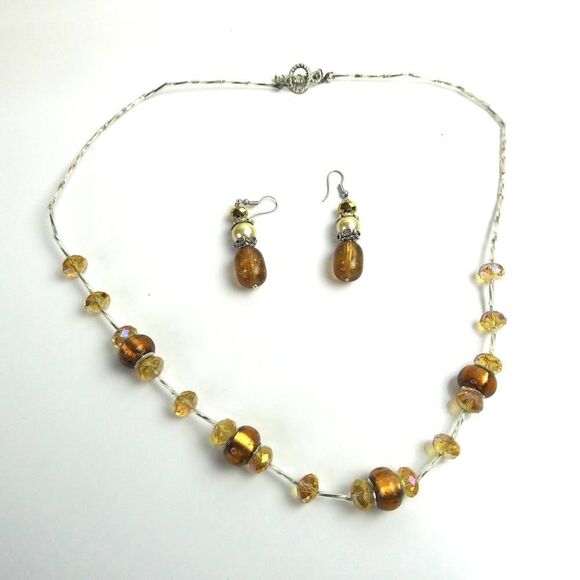 Amber Tone Silver Faux Pearl Beaded Pierced Earrings Toggle Necklace Set Beads - Picture 1 of 8